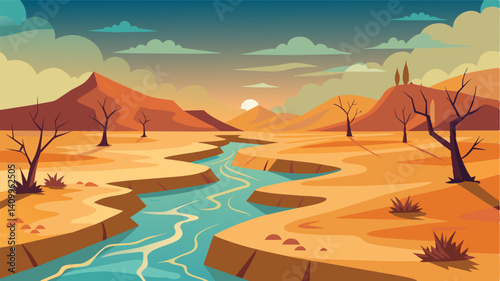 Once a bustling hub of life and activity the dry riverbed now stands desolate and abandoned a ghostly reminder of the devastating effects of water scarcity on farming communities.. Vector illustration