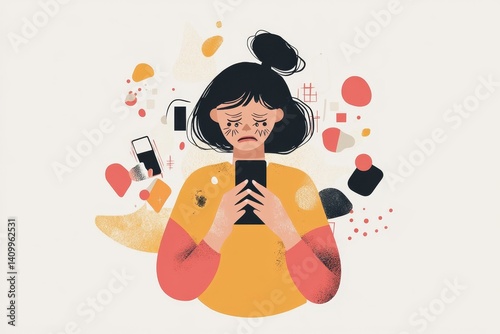  flat illustration, teenager holding phone with worried expression, digital anxiety represented with abstract shapes and icons 