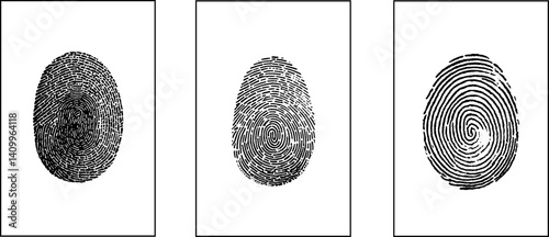 Black detailed fingerprints flat illustration set stock illustration. Identification sign. Biometric data icons vector set stock illustration. 