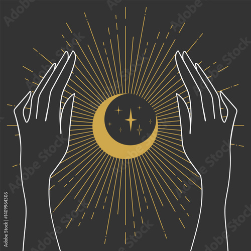 Woman hands with shiny celestial crescent moon. Magic and sorcery. Vector illustration