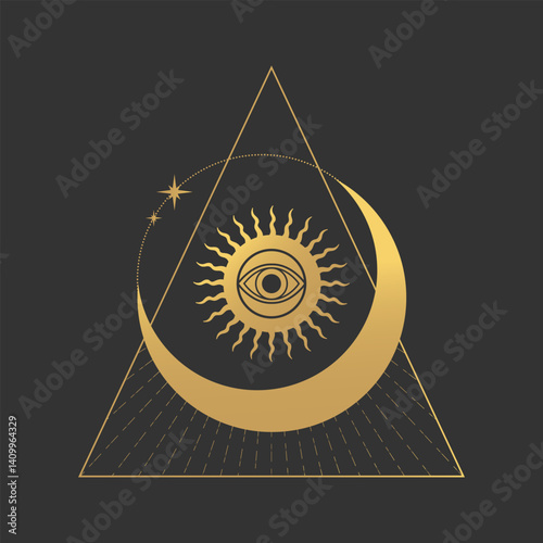 Celestial magical sacred All seeing eye symbol in triangle. Mystical boho concept with magic eye. Vector illustration