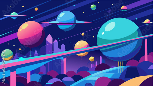 Vibrant floating orbs of light each representing a highspeed air taxi navigating through the bustling airspace above a sprawling interconnected network of bridges.. Vector illustration