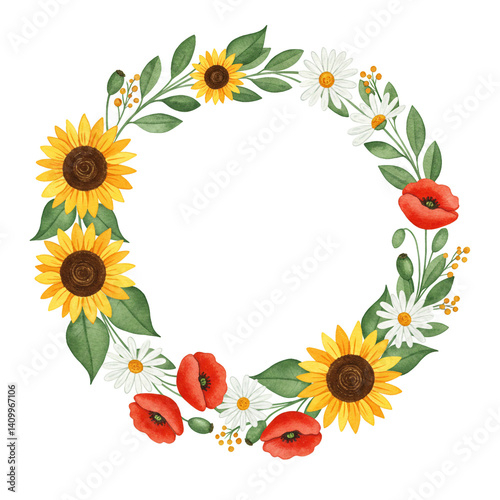 Watercolor Sunflower and Poppy Floral Wreath on White
