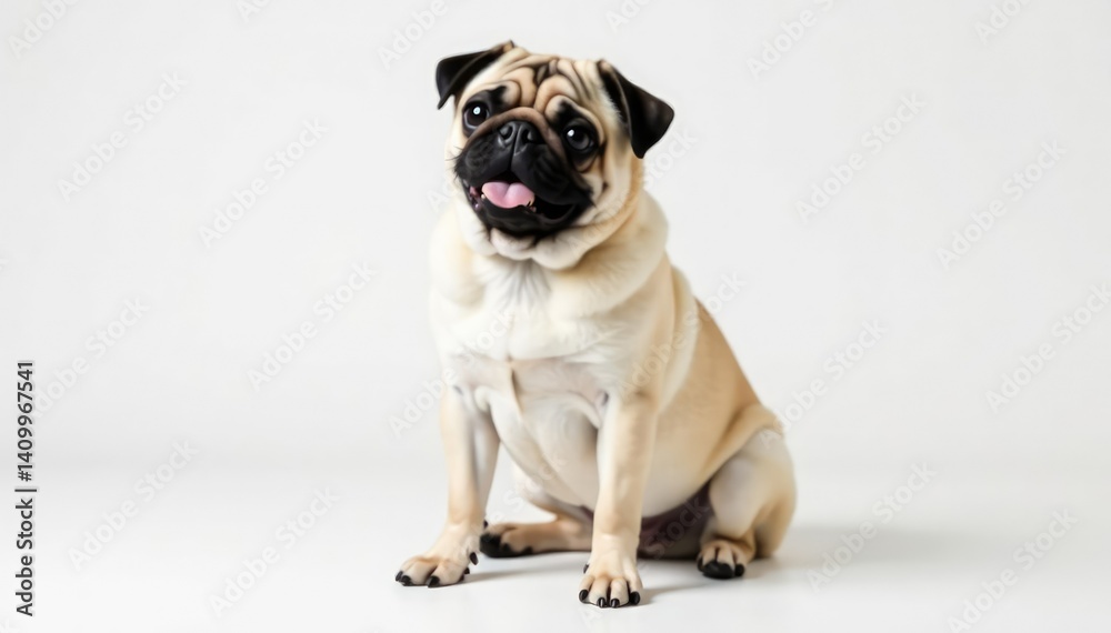 Obraz premium Adorable pug dog sitting, isolated on white background, dog, pug, position