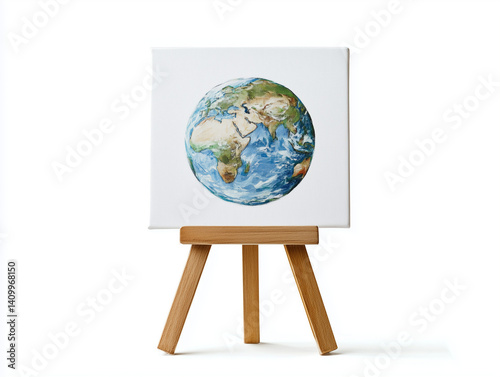 A wooden easel displays a global sphere on a white backdrop, representing geography and world concepts