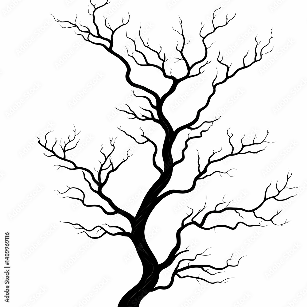 Fototapeta premium Black Tree Silhouette Illustration. Minimalist Nature Art with Twisting Branches and Abstract Design