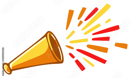 Golden party horn with colorful confetti. Editable color vector