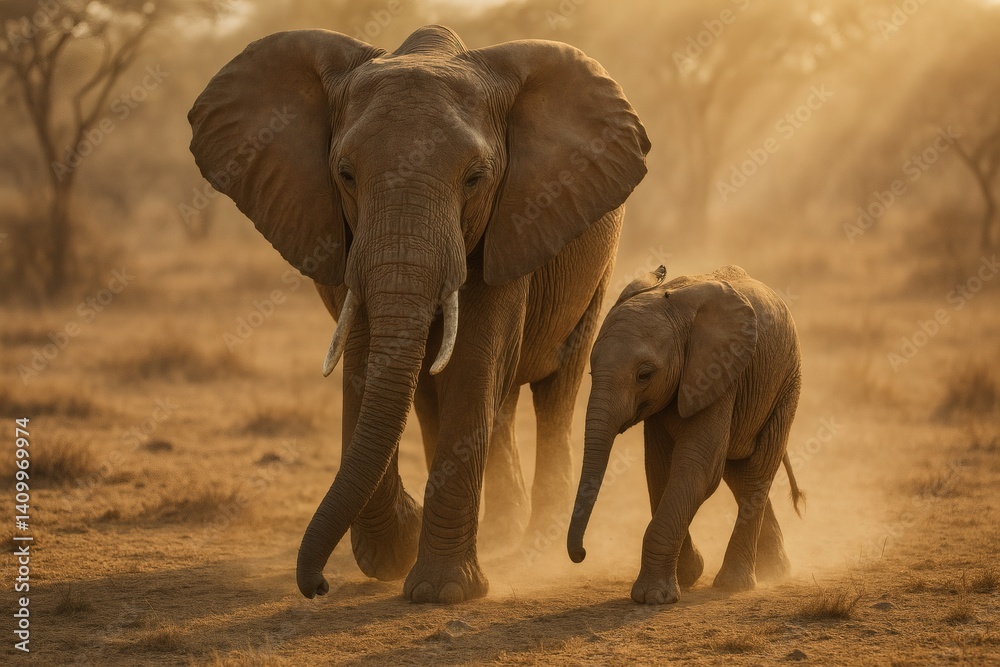 Fototapeta premium Elephant Mother and Calf Walking at Sunset
