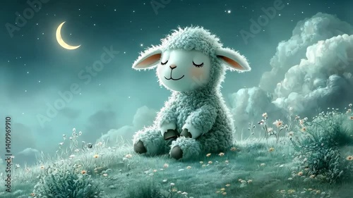 Peaceful Night: A Lamb Under the Crescent Moon