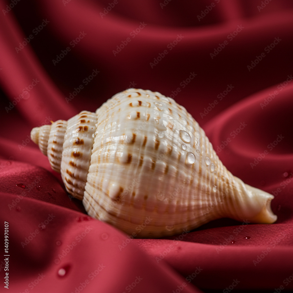 Obraz premium Sacred White Conch Shell on Red Fabric Backdrop