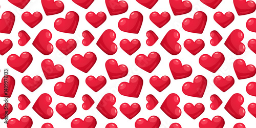 Seamless cartoon pattern with glossy red hearts on a white background. Perfect for Valentine's Day, love-themed designs, romantic greeting cards, and sweet decorative prints.