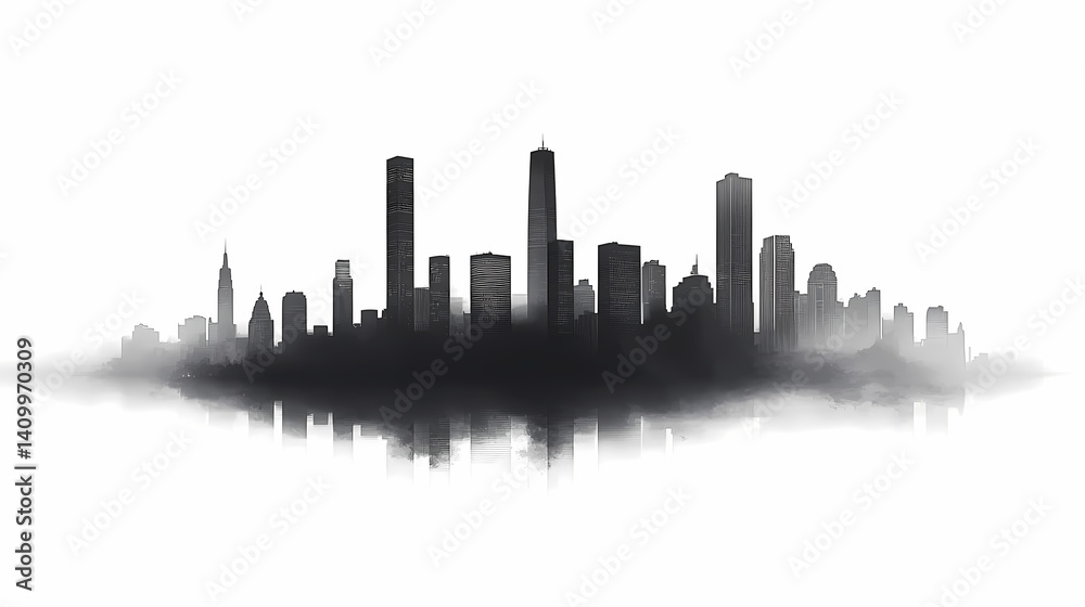 Naklejka premium Black and White Urban Cityscape Skyline. Modern Silhouette of Metropolis with Highrise Buildings