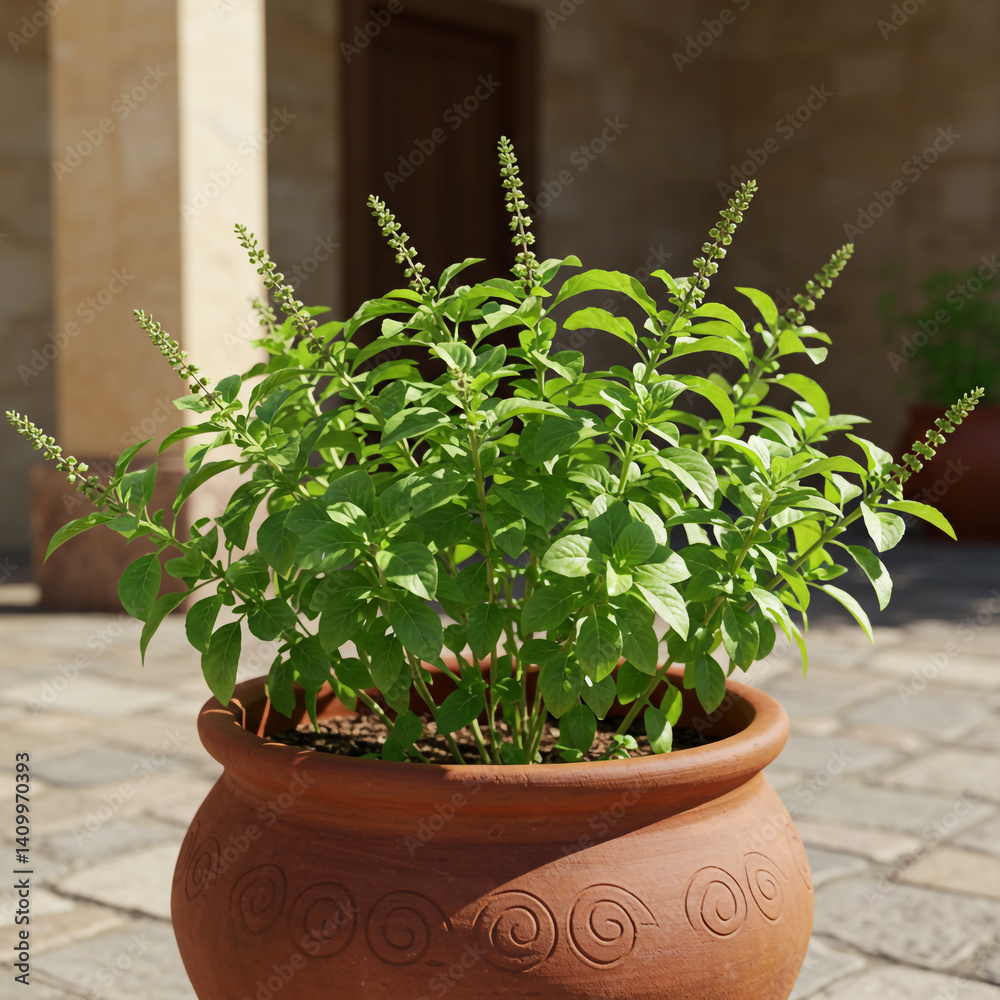 Vibrant Tulsi Holy Basil Plant in Terracotta Pot Outdoors