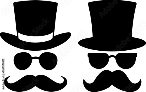 Top hat and sunglass with a mustache art vector and Set of black vector logo icon silhouette collections