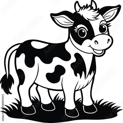 Cartoon Cow with Spots, Black and White Illustration