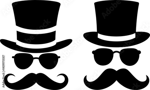 Top hat and sunglass with a mustache art vector and Set of black vector logo icon silhouette collections