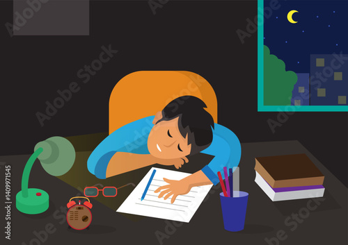 young man working hard But he was so tired that he fell asleep on his desk. vector illustration