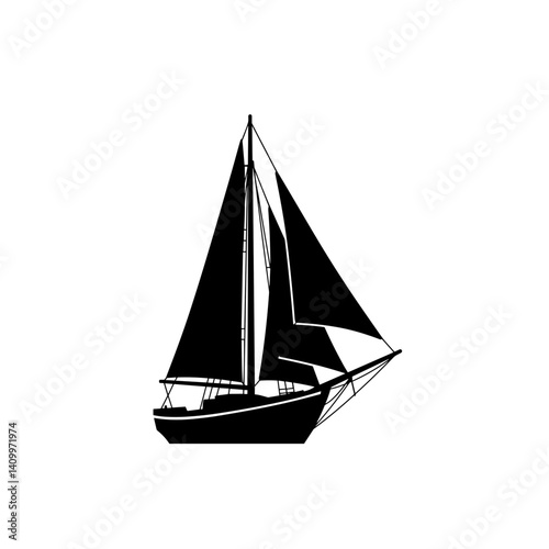 Black sailboat silhouette sailing on white background  