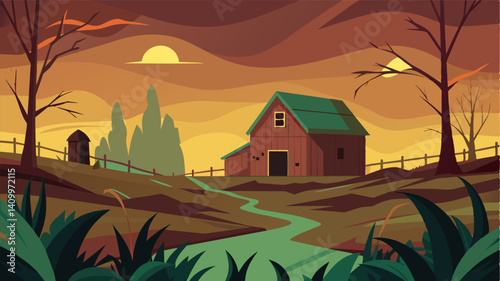 The eerie silence of a oncebustling farm now abandoned due to the inability to transport its crops to market.. Vector illustration
