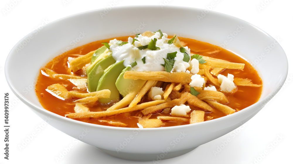 Photorealistic Image of Delicious Sopa in a Bowl Garnished with Avocado, Cream, and Crispy Strips Photorealistic Image of Delicious Sopa in a Bowl Garnished with Avocado, Cream, and Crispy Strips