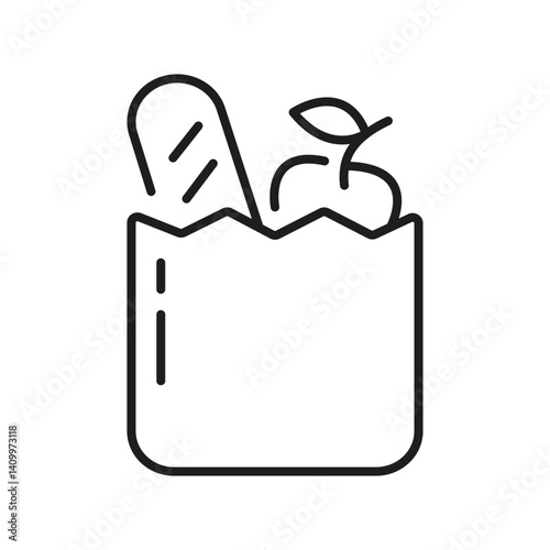Grocery icon. Shopping bag with bread and apple fruit symbol. Store, supermarket, delivery, promotion, shopping cart. Editabe line