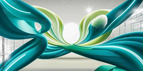 Abstract 3D rendering of flowing teal and green ribbon-like forms curving symmetrically toward a bright central light, suggesting motion, energy, and modern design.