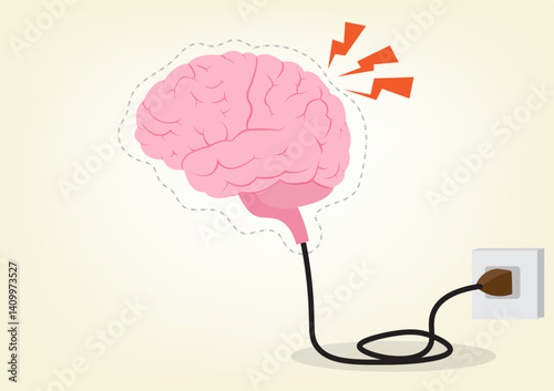 vector illustration The pale pink brain needs to be recharged by plugging in a charger. to increase power to give the brain energy for creativity more innovation