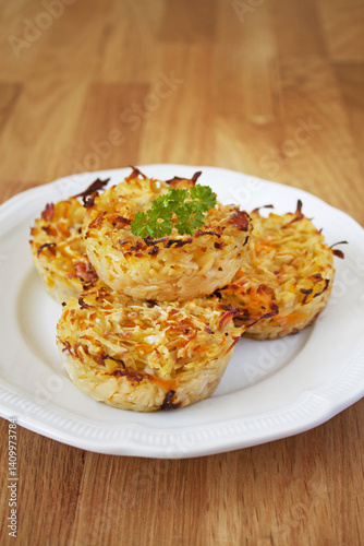 Potato and cheese muffins on white plate decorated with greenery, close-up