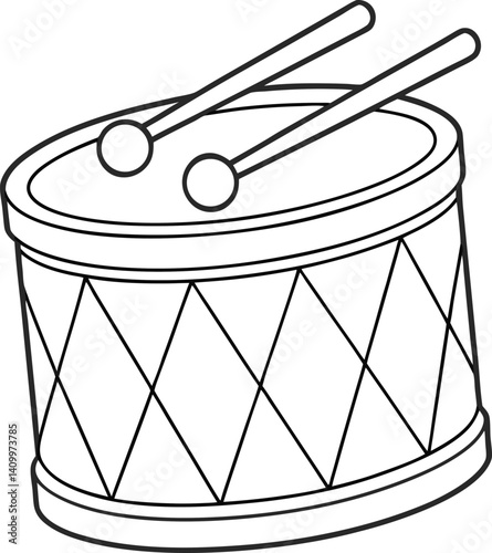 Cartoon Drum with Sticks, Black and White Illustration