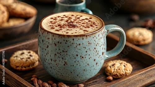Warm Cappuccino with Cookies on Wooden Tray
