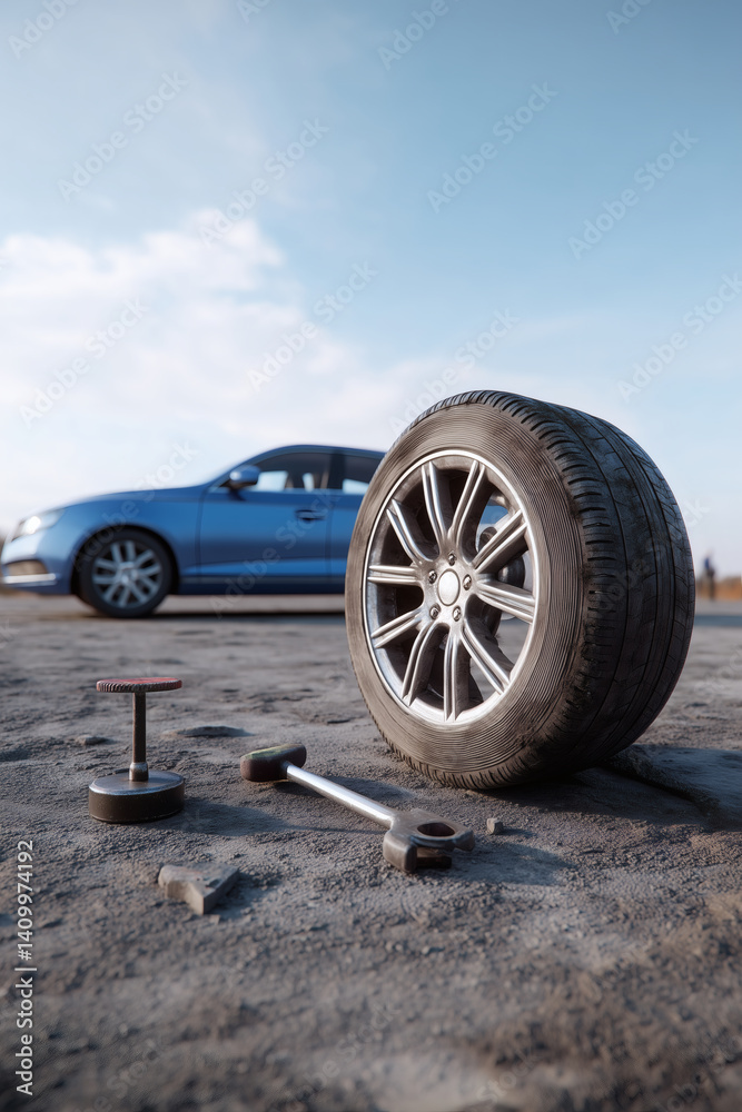 Flat tire and equipment on rough terrain with a modern vehicle in the background against a blue sky. Flat tire and equipment on rough terrain with a modern vehicle in the background against a blue sky.