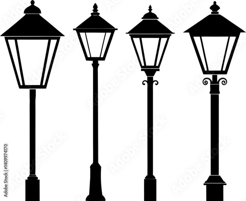 Street lamp art vectors and Set of black street light icon silhouette collections