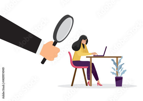 Employee jobs are monitored or stalked online. A woman sits on a computer in her office. vector illustration