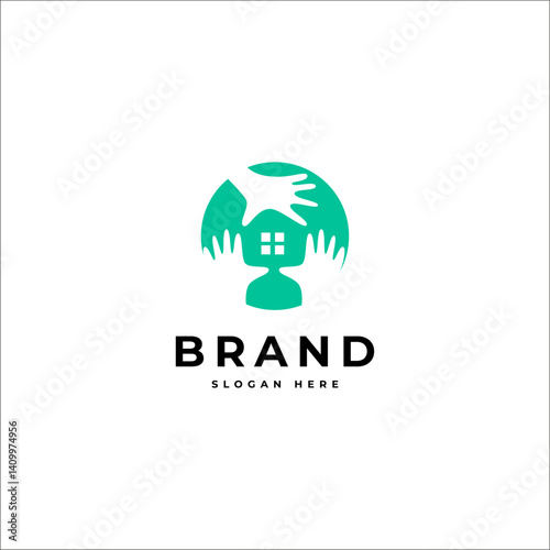 family home care logo with house and hand symbol in flat vector design style