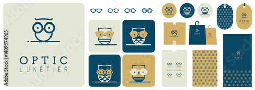 charte graphique pour opticien, déclinaison de l'identité graphique pour accessoires et goodies, sac, étui à lunettes, étiquettes, affiches, lingette, affiche, pattern, motif