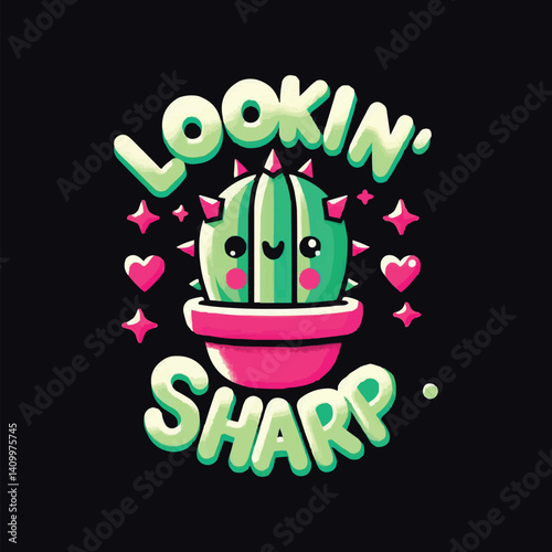 Kawaii style illustration of a cute cactus in a pot.Generative AI.