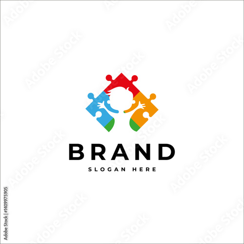 Kids playing puzzle logo in colorful vector design style