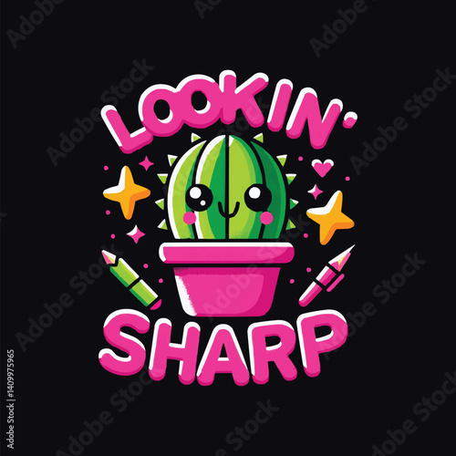 Kawaii style illustration of a cute cactus in a pot.Generative AI.