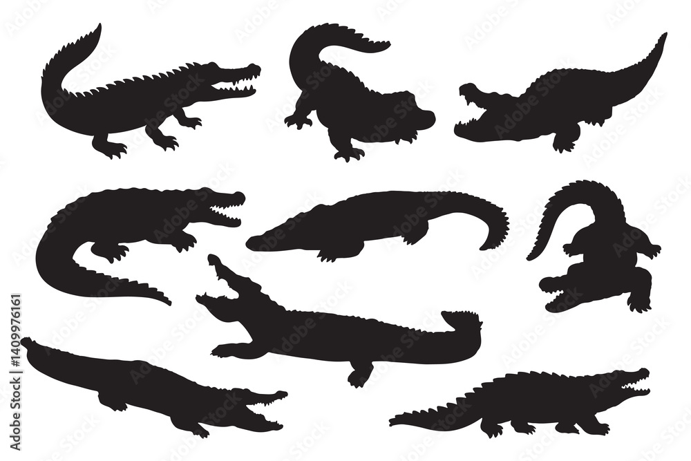 Naklejka premium Silhouette of crocodile and alligator vector icon set illustration isolated on white background.
