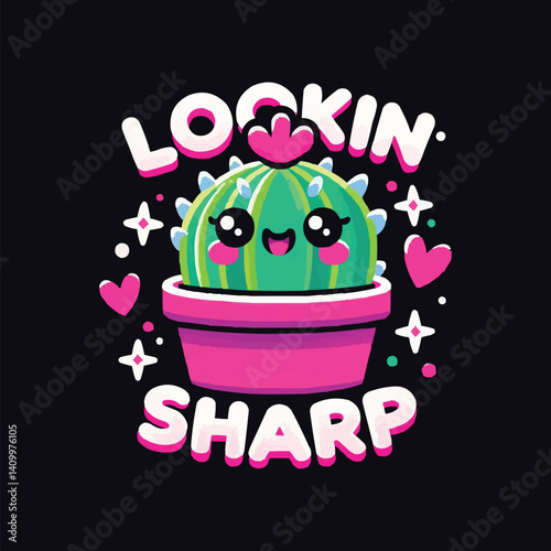 Kawaii style illustration of a cute cactus in a pot.Generative AI.