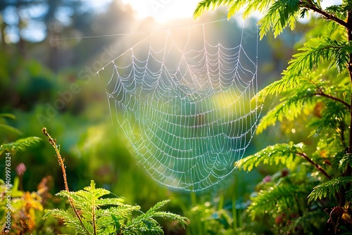 Spiderweb with dew in sunlight fragile and radian
