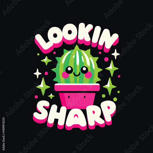 Kawaii style illustration of a cute cactus in a pot.Generative AI.