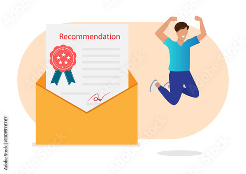 Recommendation letter, appreciation document for apply new job, experience or qualification guarantee, education reward concept, happy businessman with recommendation letter in email envelope.