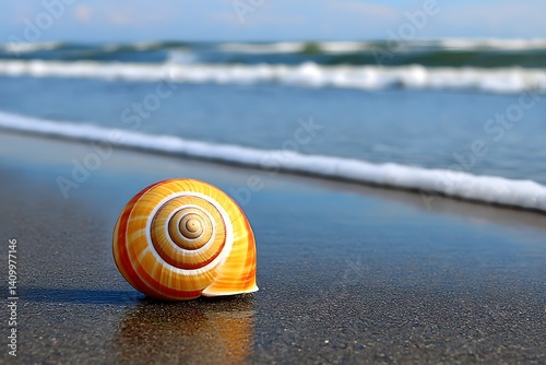 Spiral seashell on wet sand gentle wave in backgr