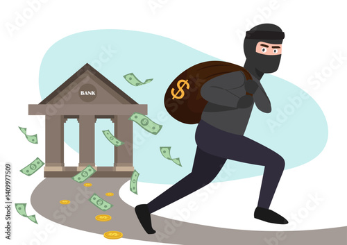 The thief tried to escape with a bag of money from a bank robbery. Portrait of a thief