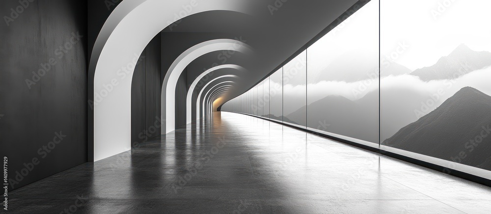 Obraz premium Modern arched hallway with mountain views