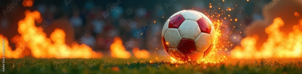 Naklejka premium Football ball ablaze in mid-air amidst burning obstacles, challenge, flame