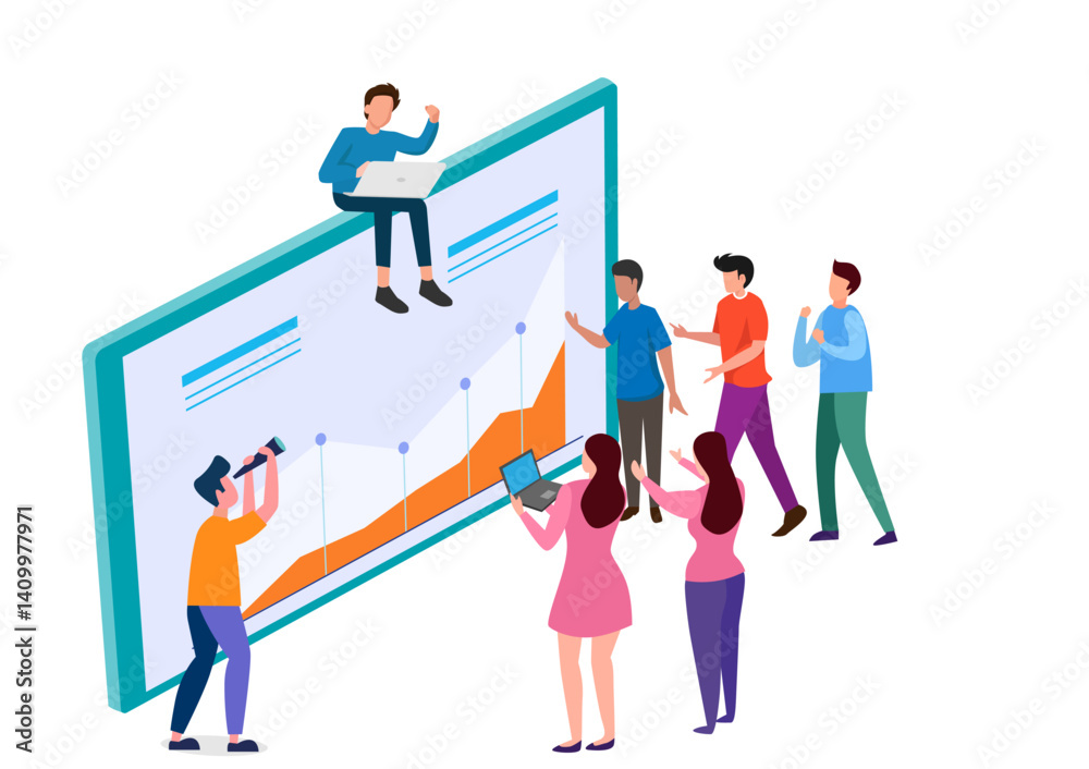 Male and female characters are working on online web statistics together. Concept of web page improvement for business promotion as marketing strategy. Flat cartoon vector illustration Male and female characters are working on online web statistics together. Concept of web page improvement for business promotion as marketing strategy. Flat cartoon vector illustration