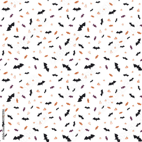 Seamless Halloween pattern with pumpkins, bats, candy. Hand-drawn, perfect for children’s Halloween designs without background 