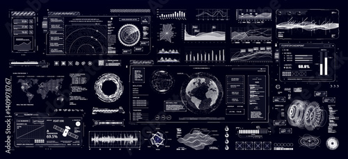 Control system with HUD interface, screen monitor with 3D earth globe, UI frames, charts, diagram, data. Cyberpunk futuristic user interface HUD, UI. Security system interface. Vector FUI graphic set